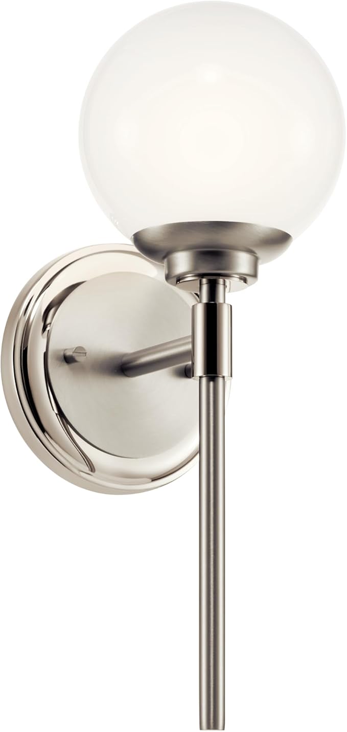 Kichler Benno 1-Light Wall Sconce, Modern Light with Opal Glass in Polished Nickel and Brushed Nickel, for Bathroom, Powder Room, Kitchen, Bedroom, or Hallway (13.75" x 5.25"), 55170PN