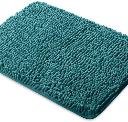Yeaban Chenille Teal Bathroom Rug 17"x24", Non-Slip Rubber Backing