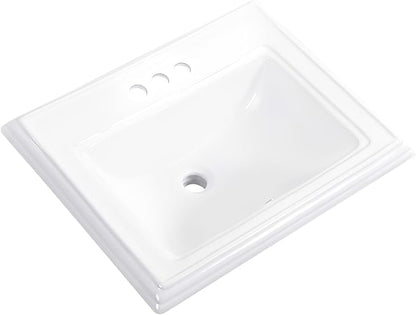 23" Drop-in Bathroom Sink with 4" Centerset 3 Hole Ceramic Basin | 23.2"x18.3", White Premium Porcelain, Self-Rimming Rectangle Design,Semi-recessed for Master Bath, Guest Powder Room Remodel