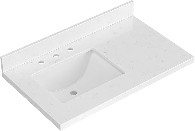 ARIEL 36 inch Bathroom Vanity top with Sink, 1.5 Inch Thick Miter Edge Carrara White Quartz top, Left Offset Vanity top with Rectangle Porcelain Sink, Includes Backsplash