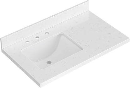 ARIEL 36 inch Bathroom Vanity top with Sink, 1.5 Inch Thick Miter Edge Carrara White Quartz top, Left Offset Vanity top with Rectangle Porcelain Sink, Includes Backsplash
