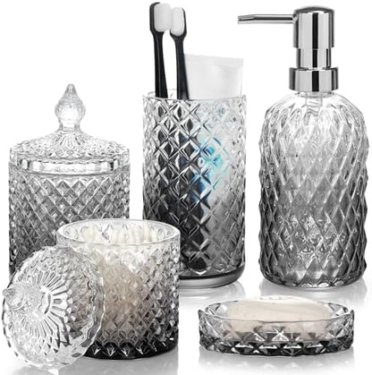 Bathroom Accessories Set, 5Pcs Bathroom Soap Dispenser Set, Glass Bathroom Accessories with Glass Soap Dispenser, Soap Dish, Toothbrush Holder, Tumbler, Qtip Holder