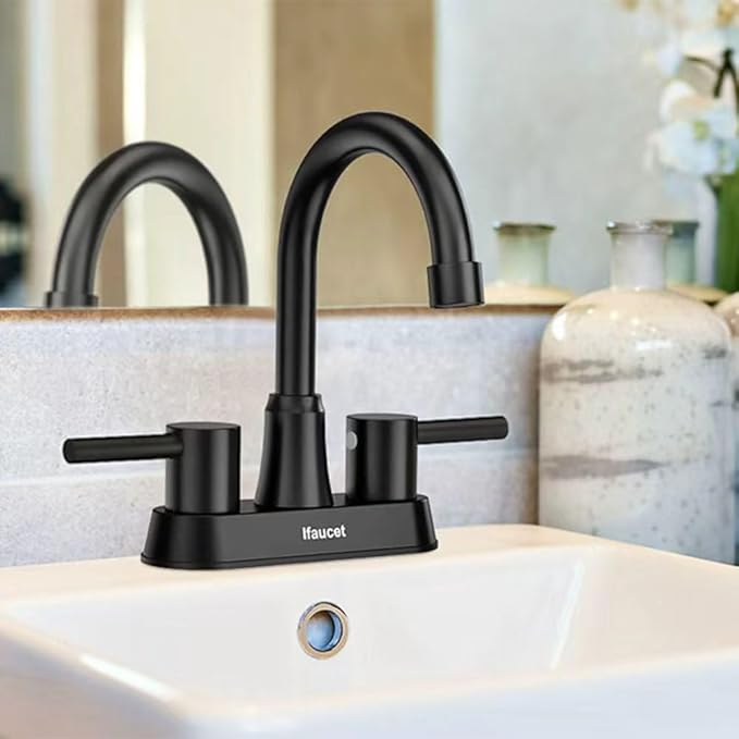 Black Bathroom Faucet 3 Hole, Bathroom Faucets for Sink 3 Hole, Bathroom Sink Faucet, 4 Inch 2 Handle Centerset, Lead-Free, with Copper Pop Up Drain (Matte Black)