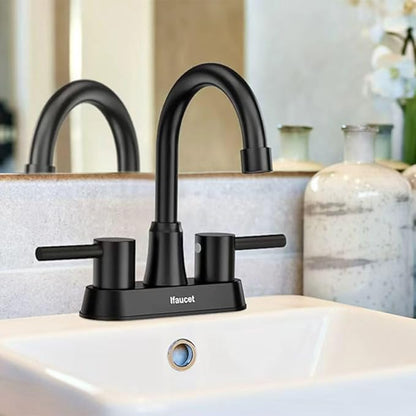 Black Bathroom Faucet 3 Hole, Bathroom Faucets for Sink 3 Hole, Bathroom Sink Faucet, 4 Inch 2 Handle Centerset, Lead-Free, with Copper Pop Up Drain (Matte Black)