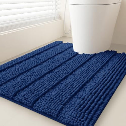 ACCUMTEK Striped Denim Blue Toilet Bathroom Rug Mat 24" x 20" Contour Rug Ultra Soft, Non Slip Chenille Bath Rugs, Absorbent Plush Shaggy Bath Mats for Bathroom, Bedroom, Kitchen, Shower, Tub