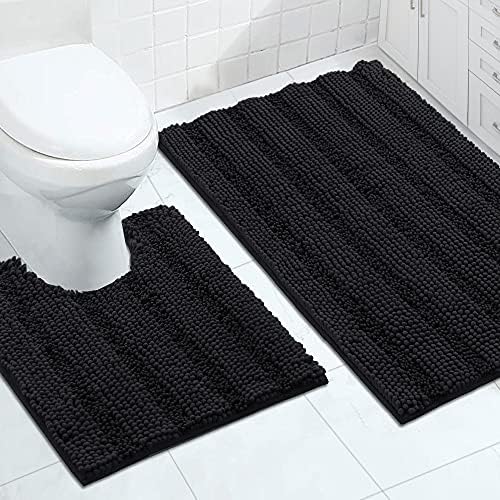 2-Piece Bathroom Rug Set with U-Shaped Mat, Soft Absorbent Chenille, Black