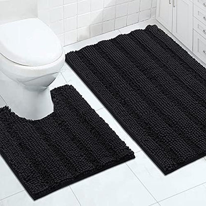 2-Piece Bathroom Rug Set with U-Shaped Mat, Soft Absorbent Chenille, Black
