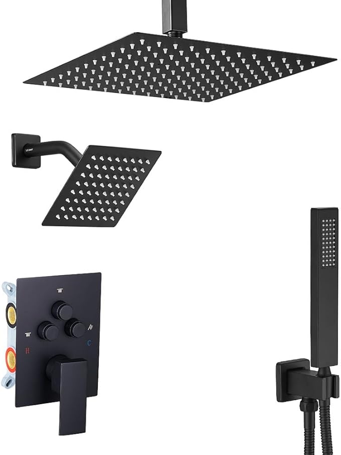 Shower Faucet Set Matte Black 12 Inch Ceiling Mount Rainfall Shower System with 2 Rain Shower Head and Handheld Head Combo Push Button Diverter Shower Trim Kit and Rough-in Valve Body