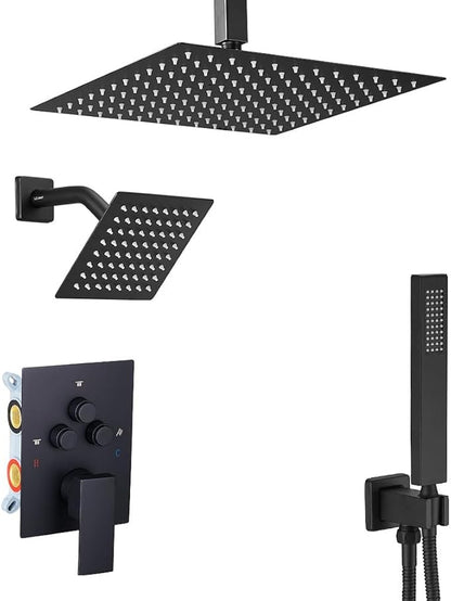 Shower Faucet Set Matte Black 12 Inch Ceiling Mount Rainfall Shower System with 2 Rain Shower Head and Handheld Head Combo Push Button Diverter Shower Trim Kit and Rough-in Valve Body