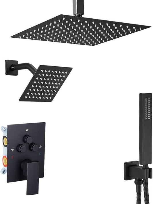 Shower Faucet Set Matte Black 12 Inch Ceiling Mount Rainfall Shower System with 2 Rain Shower Head and Handheld Head Combo Push Button Diverter Shower Trim Kit and Rough-in Valve Body