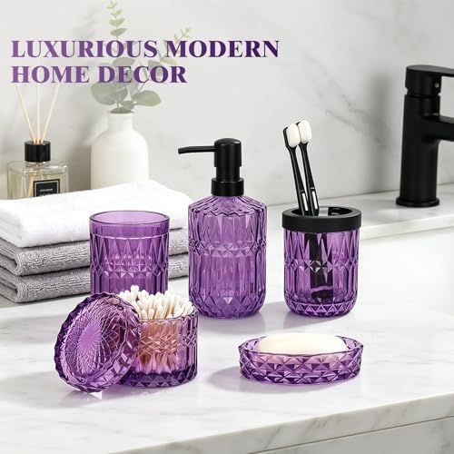 Bathroom Accessories Set, 5Pcs Bathroom Soap Dispenser Set, Glass Bathroom Accessories with Glass Soap Dispenser, Soap Dish, Toothbrush Holder, Tumbler, Cotton Swab Jar (Purple)