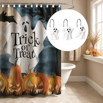 Sunlit Ghost Shower Curtain Hooks, Home Decorative Shower Curtain Rings with Sliver Hooks for Bathroom, Halloween Shower Curtain Hangers Bathroom Accessories, Set of 12