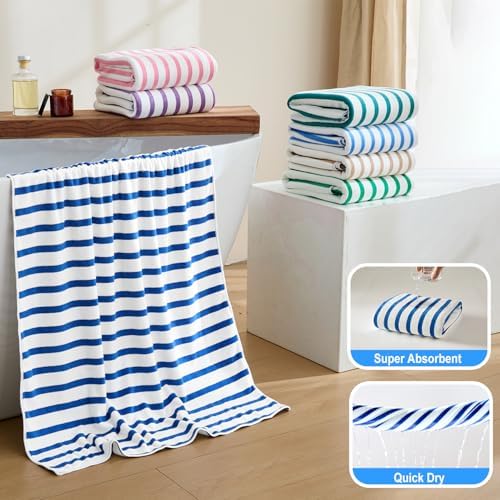 JML Microfiber Beach Towels, 4 Pack, 27" x 55", Cabana Stripe Dark Blue