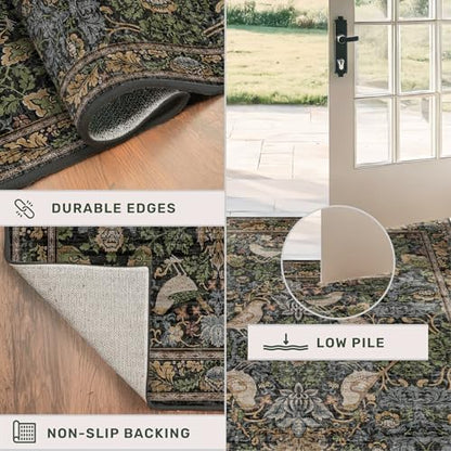 Hazo Haus Washable Living Room Rug 6x9 - Dark Floral Nature Rugs for Bedroom, Dining Room Kitchen Table Rug for Under Table, Office, Stain Resistant Non-Slip Large - Brown/Dark Green