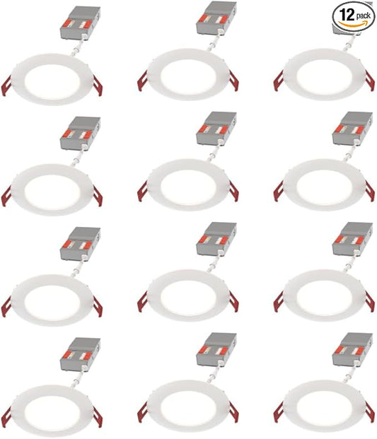 Juno LED Recessed Lights 4 Inch Round Baffle Wafer Downlight, 5-in-1 Switchable White Color Temperature, Adjustable Brightness, 120 Volts, 4-Inch Flat Trim, Matte White (12-Pack)