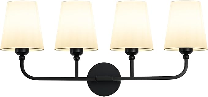 Bathroom Vanity Light, Matte Black Bathroom Lighting Fixtures Over Mirror | 4-Light Bathroom Light Fixtures with Flared White Fabric Shade, E26 Socket (ETL Listed)