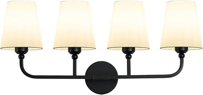 Bathroom Vanity Light, Matte Black Bathroom Lighting Fixtures Over Mirror | 4-Light Bathroom Light Fixtures with Flared White Fabric Shade, E26 Socket (ETL Listed)