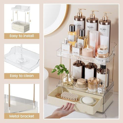 Delamu 4-Tier Makeup Organizer, Bathroom Counter, 2 Drawers,Cream White