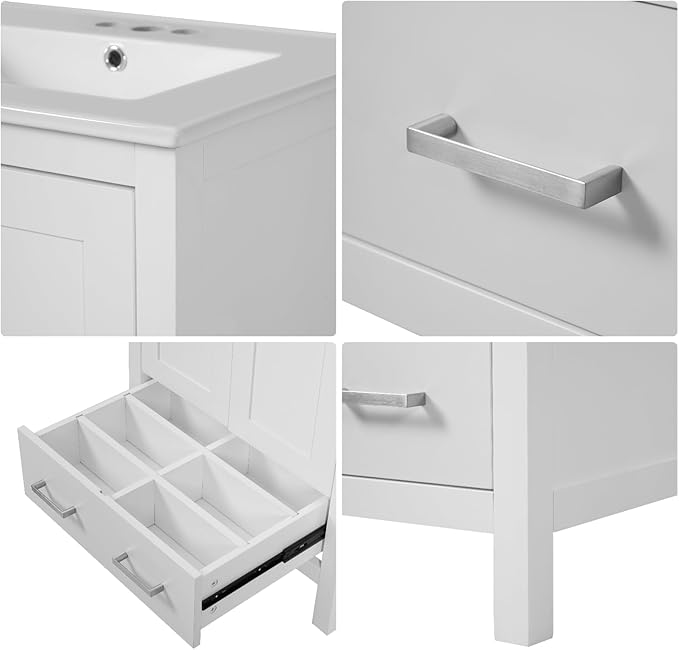 24" Freestanding Bathroom Vanity with Sink, Floor Stand Bathroom Storage Cabinet with Ceramic Sink, Doors with Double-Layered Storage Shelves, Modern Compact Vanity with Divided Drawer, White