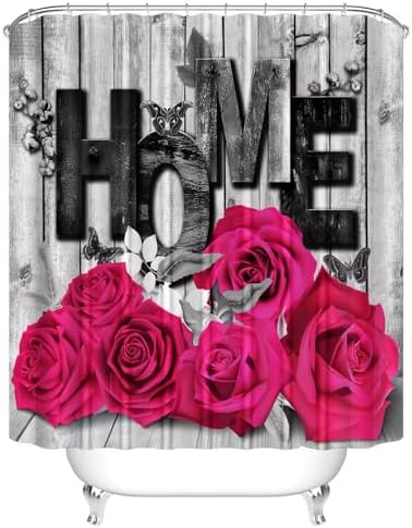 Yddsky 4 Pcs Pink Rose Shower Curtain Set with Rugs Bathroom Set
