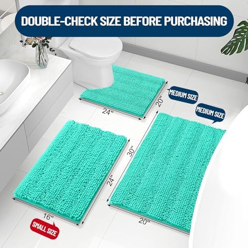 Grandaily Chenille Striped Bathroom Rugs 47x32, Extra Thick and Absorbent Bath Mats, Non-Slip Soft Plush Shaggy Shower Carpet, Machine Wash Dry, Bath Rug for Bathroom, Teal