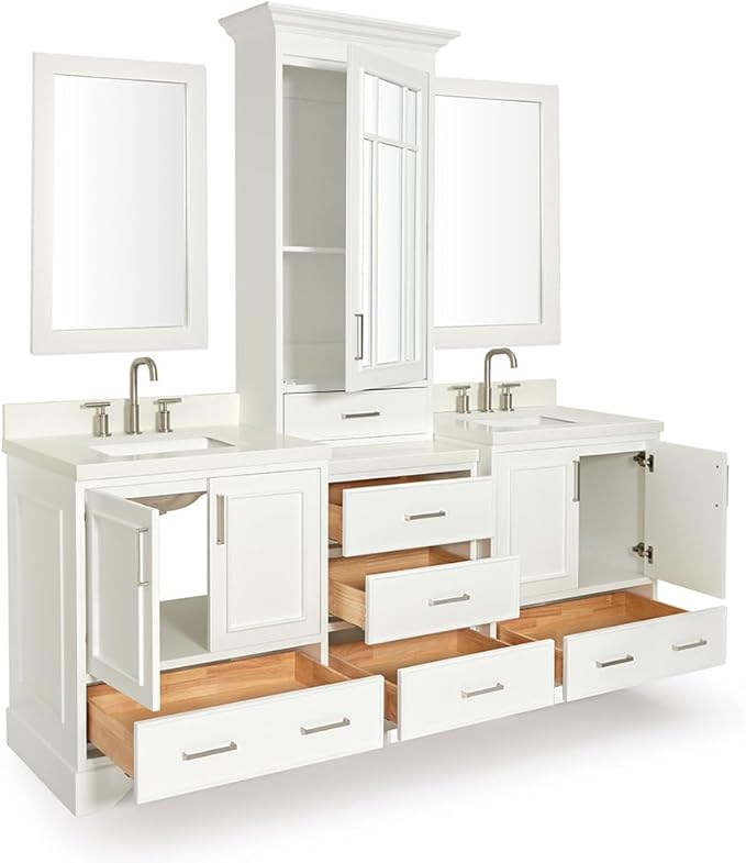 ARIEL Stafford 84-inch Bathroom Vanity with Sink,Solid Wood, 1.5-inch Pure White Quartz Countertop & Backsplash, Double Rectangular Porcelain Sink, 5 Soft Closing Doors, 6 Dovetail Drawers, White