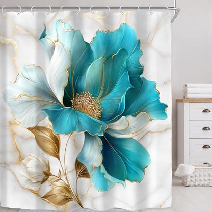 Teal Gold Marble Floral Extra Long Abstract Art Bathroom Shower Curtain Set