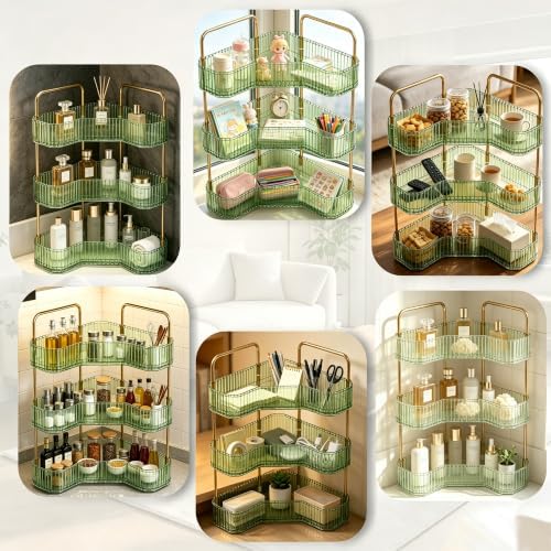 3-Tier Corner Bathroom Organizer, Skincare Vanity Counter Shelf Green