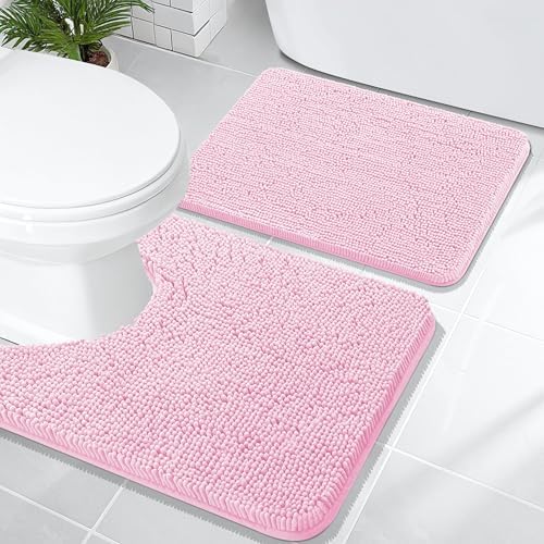 OLANLY Chenille Bathroom Rugs Mats Sets 2 Piece, 24"x16"+24"x20", Pink