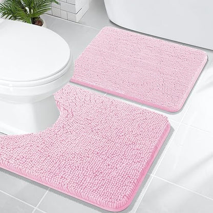 OLANLY Chenille Bathroom Rugs Mats Sets 2 Piece, 24"x16"+24"x20", Pink