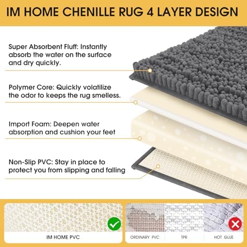ACCUMTEK Upgrade Luxury Grey Bathroom Rug Mat Gray 24"x17", Ultra Soft Thick Absorbent Bath Mats, Non Slip Chenille Toilet Mat for Bathroom, Bedroom, Kitchen, Shower, Tub, Charcoal