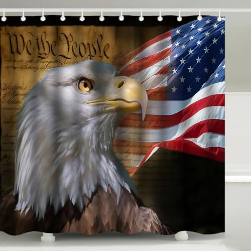 Bald Eagle American Flag Patriotic Shower Curtain with Hooks 72 x 72 Inches