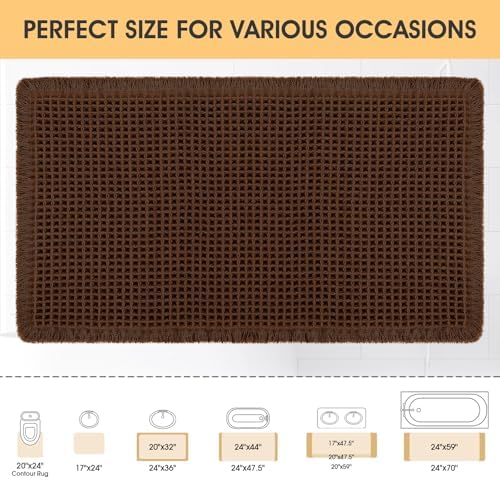 IM HOME Waffle Bath Mat Brown 24"x17", Boho Woven Modern Bath Mat, Absorbent Non Slip Bathroom Rugs, Soft Washable Rug with Tassels for Bathroom, Bedroom, Kitchen, Shower, Tub