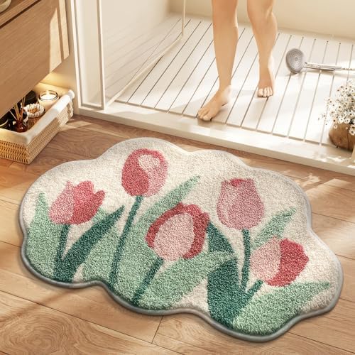 Cloud-Shaped Tulip Bath Mat, Soft Non-Slip Fluffy Fresh Flowers Bathroom Rug, Ultra Absorbent Microfiber Shaggy Door Mat, Machine Washable Bath Rug Carpet for Bathtub Bedroom 20x31 Inch (Tulip)