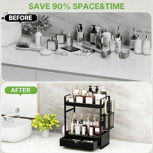 2-Tier Bathroom Counter Organizer with Drawer Basket and Hooks, Wood Bathroom Organizers and Storage for countertop, Farmhouse Black Countertop Organizer, Counter Shelf for Vanity, Kitchen, Office