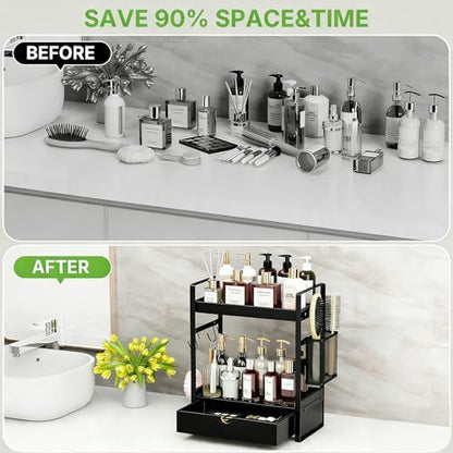 2-Tier Bathroom Counter Organizer with Drawer Basket and Hooks, Wood Bathroom Organizers and Storage for countertop, Farmhouse Black Countertop Organizer, Counter Shelf for Vanity, Kitchen, Office