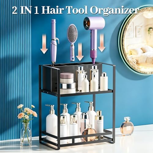 Bathroom Counter Organizer, Metal Vanity Shelf with Hair Dryer Holder