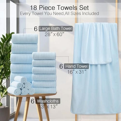 Hailea 18 Piece Family Bath Towel Set Include 6 Bath Towels,6 Hand Towels and 6 Washcloths Soft Bathroom Towel with Hanging Loops,Highly Absorbent Quick Dry Towels Set for Bathroom,Hotel and Spa-Blue