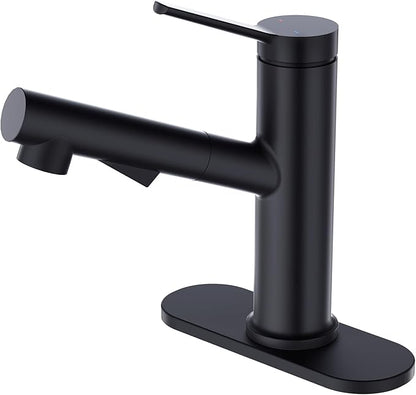 Faustina Matte Black Bathroom Faucet with Pull Out Sprayer, Bathroom Sink Faucet for Vanity or Laundry, Stainless Steel 1 Handle with Deck Plate for 1 or 3 Hole
