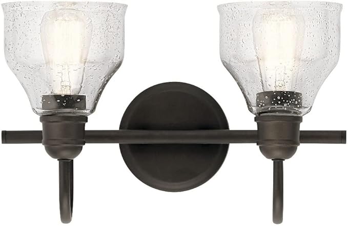 KICHLER Avery 15" Bathroom Vanity Industrial 2 Light Wall Fixture with Clear Seeded Glass in Natural Brass, for Bathroom (8.25" x 15" x 9.5") 45972NBR