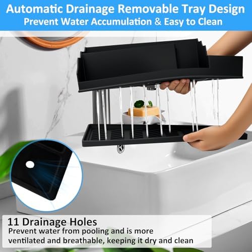 Bathroom Counter Organizer, Black Silicone Toothbrush Holders for Bathrooms Organizer Countertop with 3PCS Qtip Holder, Toothbrush and Toothpaste Holder for Bathroom Organization Storage Vanity