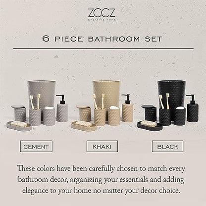 zccz 6 Piece Bathroom Accessories Set, Toothbrush Holder, Toothbrush Cup, Soap Dispenser,Bathroom Vanity Tray, Qtip Holder, Trash Can - Cement