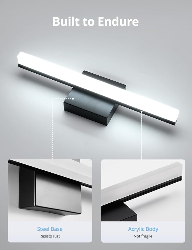 Combuh LED Bathroom Light Fixtures Over Mirror, 16 Inch 9W Black Vanity Light Bar for Bathroom, IP44 Modern Bath Wall Lighting Fixture Indoor Cool White 6000K