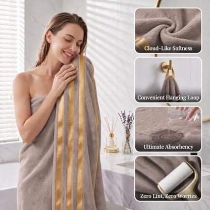 6-PCS Coral Fleece Microfiber Towel Set with Gold Stripes, Super Absorbent, Multiple Colors Available for Home, Bathroom, Hotel & Gym (6, Coffee Color)