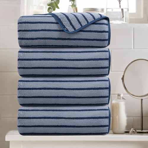 4 Piece Navy Cabana Stripe Large Bath Towels Oversized Bath Sheet Super Soft Breathable Jumbo Bathroom Towels Highly Absorbent Shower Towel Quick Dry Beach Chair Towel Spa Gym Hotel Towel Set