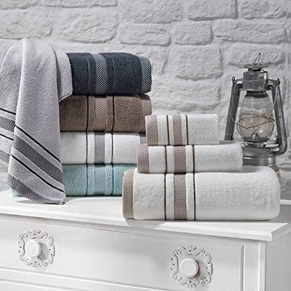 Bath Towels Set for Bathroom – Luxury 6-Piece Cotton Towels, Soft Absorbent & Quick Dry, 600 GSM Bath Towels for Bathroom, Hotel Spa Quality (White/Brown, 6- Bath Towel Set)
