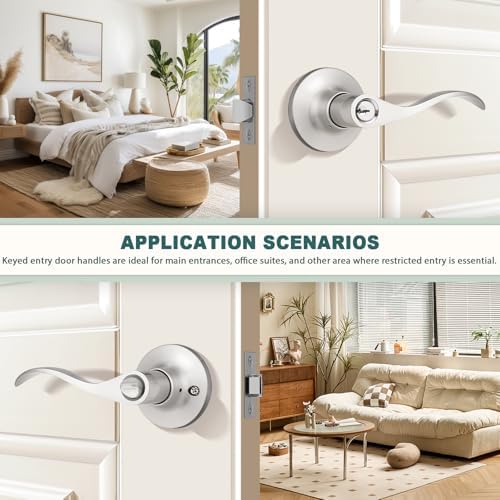 GOBEKOR Entry Door Handles with Lock and Same Keys, Brushed Nickel Keyed Aliked Entry Door Lock Sets for Exterior & Interior Doors, Reversible Door Levers for Bedroom Bathroom, 6 Pack