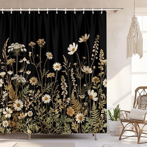 Black Daisy Floral Shower Curtain, Boho Retro Elegant Botanical Design Shower Curtain Set, Vintage Wildflower Shower Curtain for Bathroom, Modern Aesthetic Decor with 12PCS Hooks, 72X72In