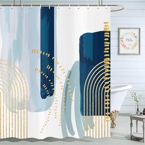 deFouliao Boho Shower Curtain, Mid Century Modern Blue Waterproof Shower Curtain for Bathroom Bathtub Home Curtain Decor with Hooks, 65Wx72L