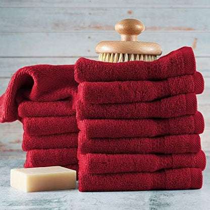 Hearth & Harbor Washcloths 12 Pack - 100% Cotton Washcloth for Body and face, High Absorbent and Soft 13"x13" Body Wash Cloth, Quick Dry - Red Washcloths